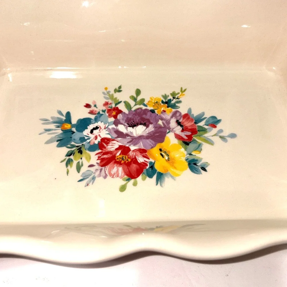 Pioneer Woman Flea Market Floral Oblong Baking Dish Ruffled Casserole 12x8 Baker